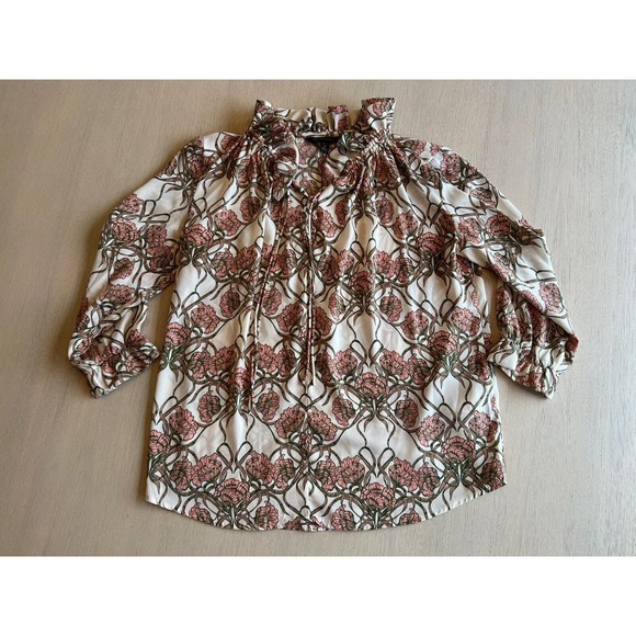 Banana Republic Women’s Pink Green Floral Ruffle 3/4 Sleeve Blouse Small Petite - Picture 9 of 14